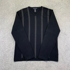 VINTAGE Banana Republic Sweater Mens L Black Striped V-Neck Stretch Merino Wool